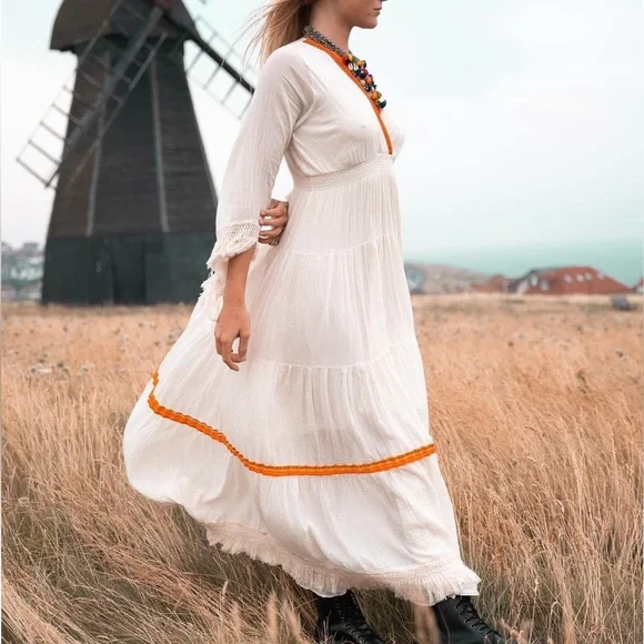 BOHO Dresses New Boho Long Maxi Flared Long Sleeves White